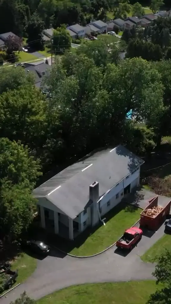 Angled drone view of the house set back behind mature trees.