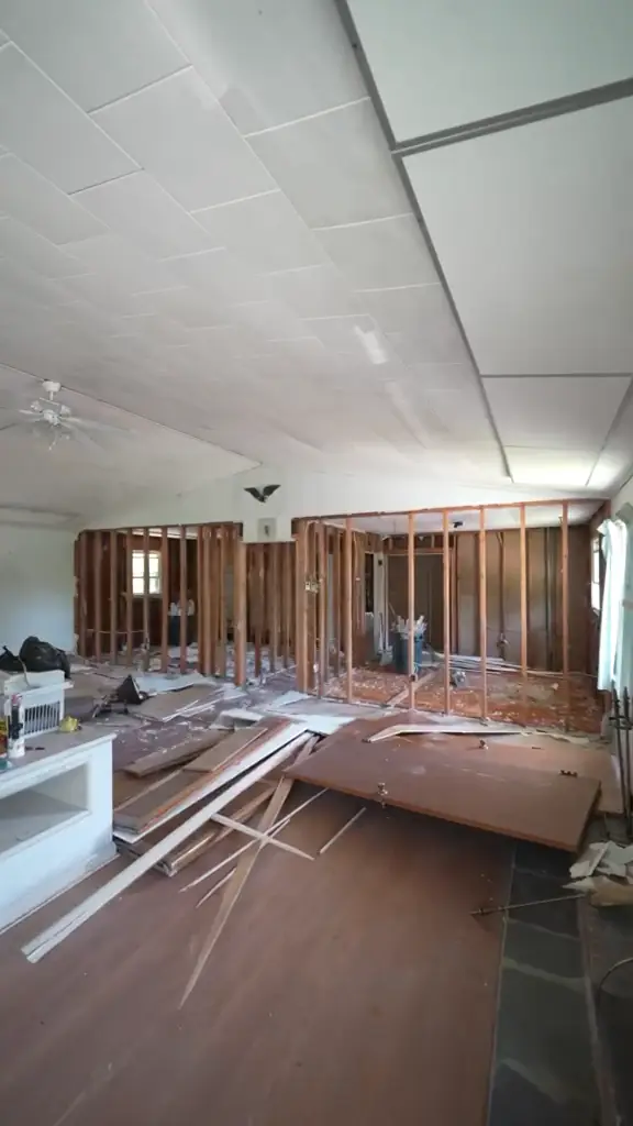 The main level mid-demolition, interior walls stripped to the studs and debris across the floor.