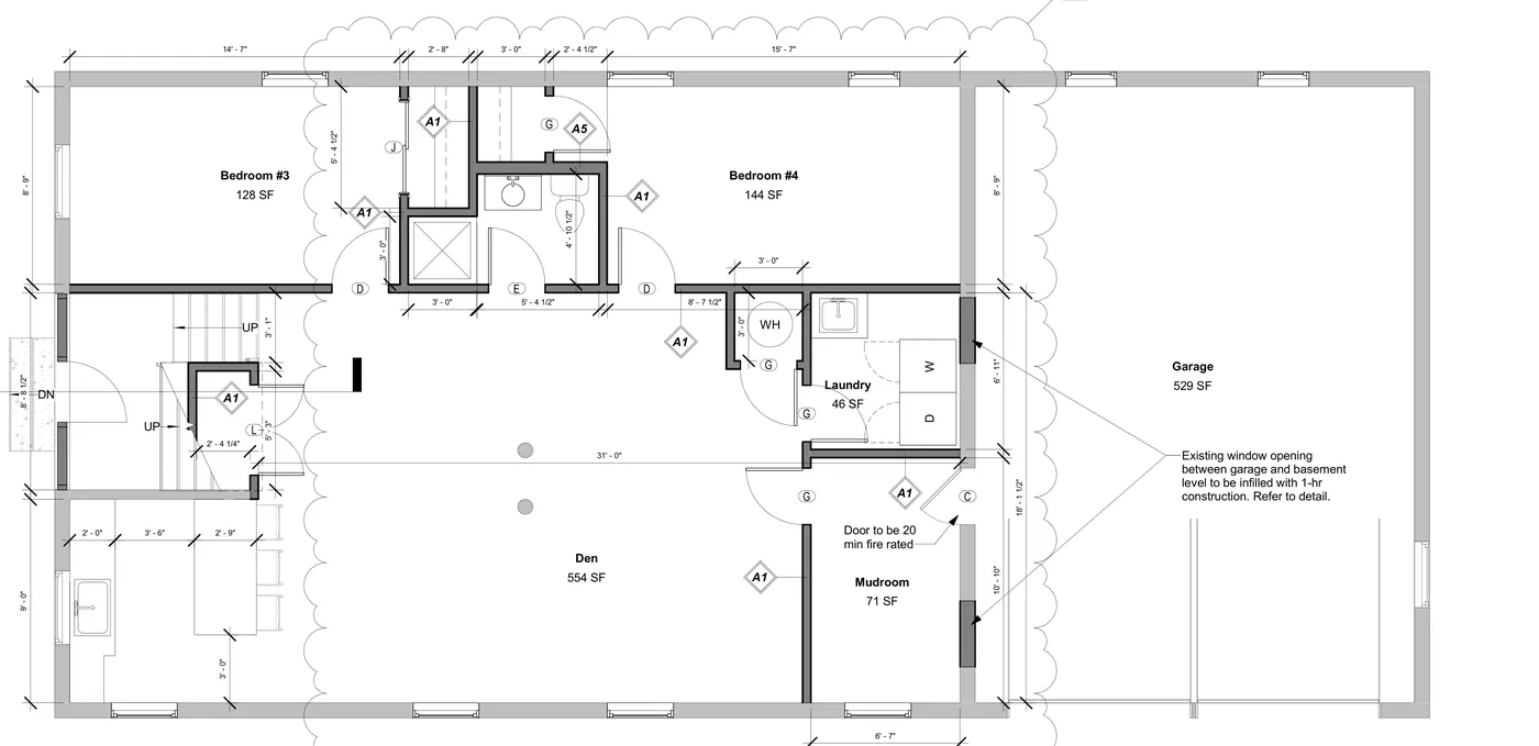 Lower level plan: den with bar, bedrooms 3 and 4, full bath, laundry, mudroom and 2-car garage.