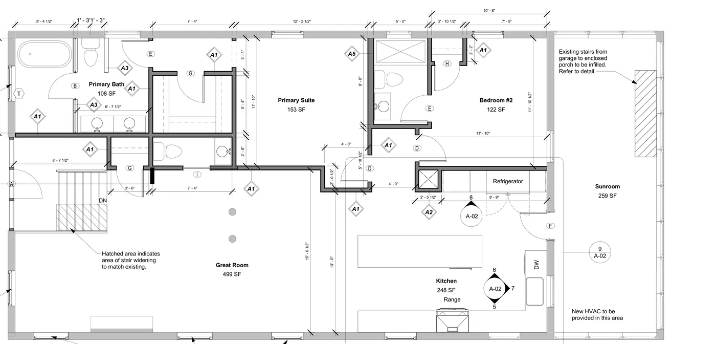 Main level plan: primary suite and bath, bedroom 2 with bath, powder room, great room, kitchen and sunroom.